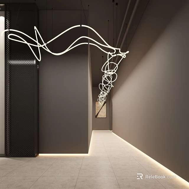 Modern Elevator Hallway With Curved Neon Lights Dark Walls And Light Floor 3d model 