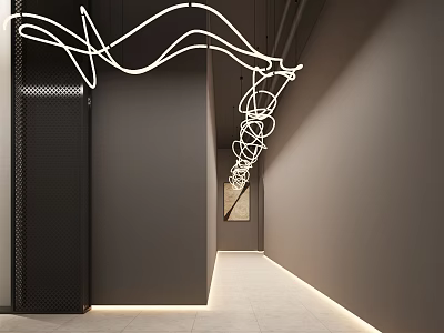 Modern Elevator Hallway With Curved Neon Lights Dark Walls And Light Floor 3d model