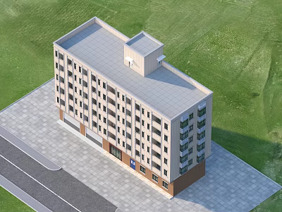 Multi Story Residential Building With Gray Roof Beige Walls Green Lawn And Road 3d model