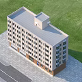 Multi Story Residential Building With Gray Roof Beige Walls Green Lawn And Road
