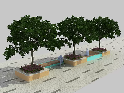 Outdoor Tree Planters with Green Trees Purple Flowers Light Blue Edges and Paved Walkway 3d model