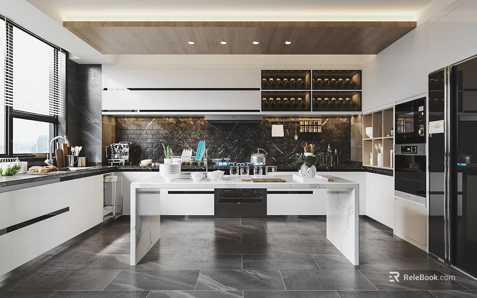 Modern Kitchen Interior With White Marble Island Countertop Wine Racks And Cabinets 3d model 