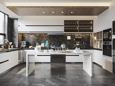 Modern Kitchen Interior With White Marble Island Countertop Wine Racks And Cabinets 3d model