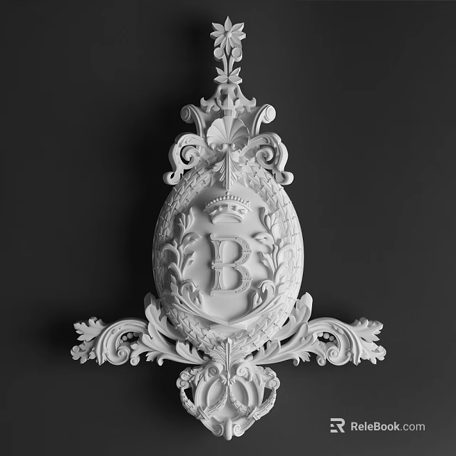 White Classical Carved Decoration With Crown Letter B And Scroll Patterns 3d model 
