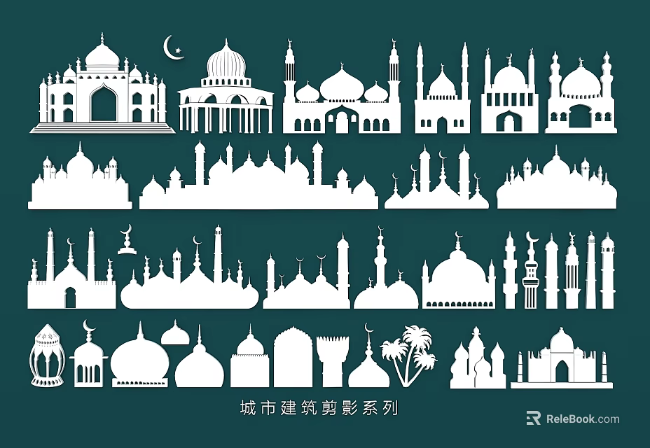 Islamic Architecture Silhouettes Wall Decor With Mosque Domes Minarets And Lanterns 3d model 