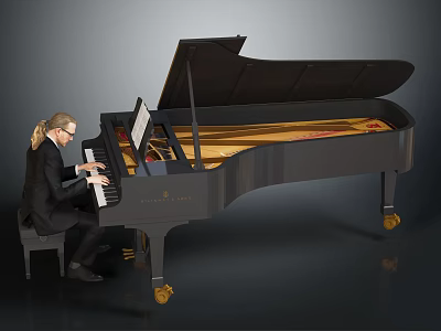 Professional Musician Playing Black Grand Piano With Open Lid And Golden Legs 3d model