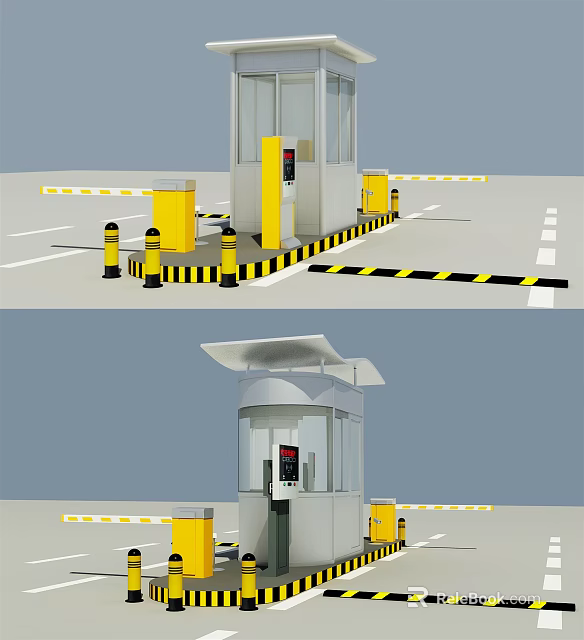 Modern Security Booth Facility With Yellow Striped Pillars And Barrier Gate 3d model