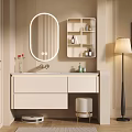 Modern Bathroom Interior Design With Oval Mirror Vanity Shelf And Floor Lamp