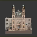 Islamic Architectural Model With Blue Dome Two Minarets Arched Doors And Brown Facade