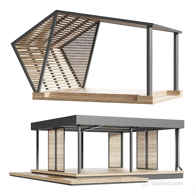 Modern Outdoor Pavilion Structure With Metal Frame Wooden Slats Roof And Wooden Floor 3d model 