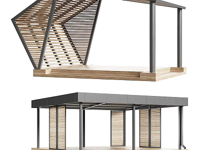 Modern Outdoor Pavilion Structure With Metal Frame Wooden Slats Roof And Wooden Floor 3d model