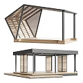 Modern Outdoor Pavilion Structure With Metal Frame Wooden Slats Roof And Wooden Floor