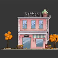 Pink Ice Cream Shop Building with Striped Awning Red Mailbox Orange Trees and Flower Pots