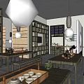 Traditional Tea House Interior With Wooden Tables Benches Bookshelves And Hanging Lanterns