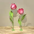 Window Display Decoration With Pink Tulips Green Stems And Wooden Countertop
