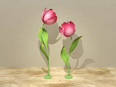 Window Display Decoration With Pink Tulips Green Stems And Wooden Countertop 3d model