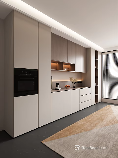 Modern Minimalist Sideboard With White Cabinets Drawers Open Shelves And Decorative Items 3d model 