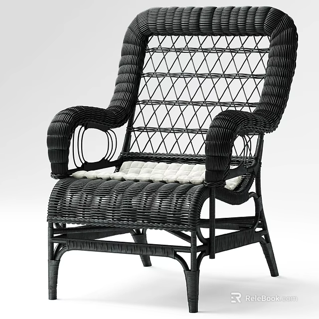 Black Wicker Armchair With White Cushion And Intricate Weave Design 3d model 