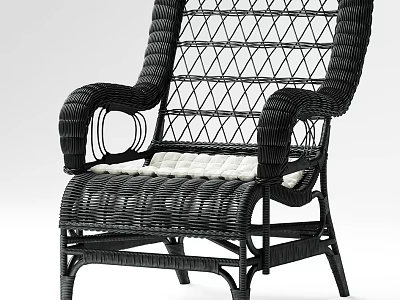 Black Wicker Armchair With White Cushion And Intricate Weave Design 3d model