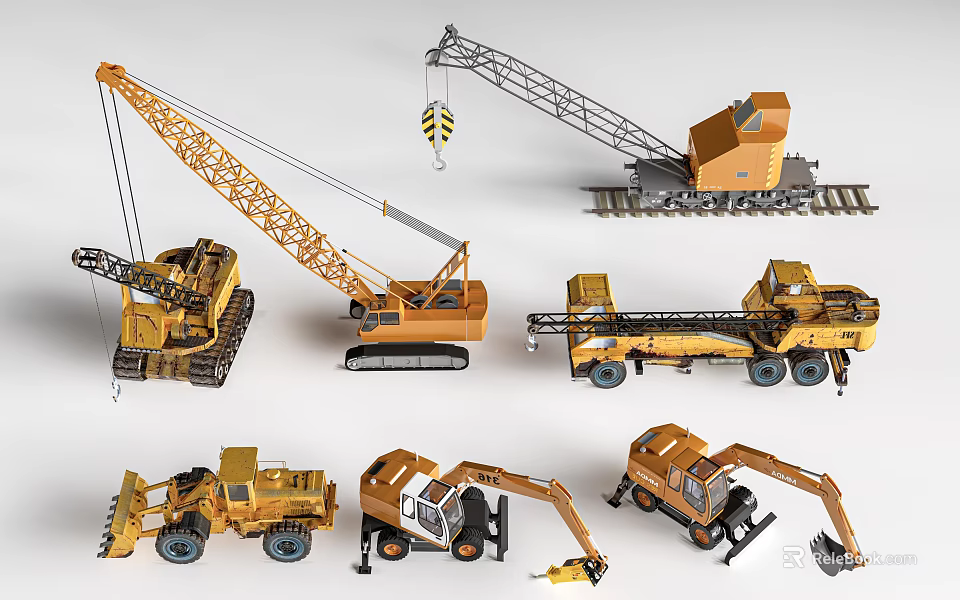 Yellow Functional Vehicles Including Cranes Bulldozers Excavators And Trucks For Engineering 3d model 