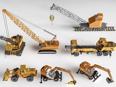 Yellow Functional Vehicles Including Cranes Bulldozers Excavators And Trucks For Engineering 3d model