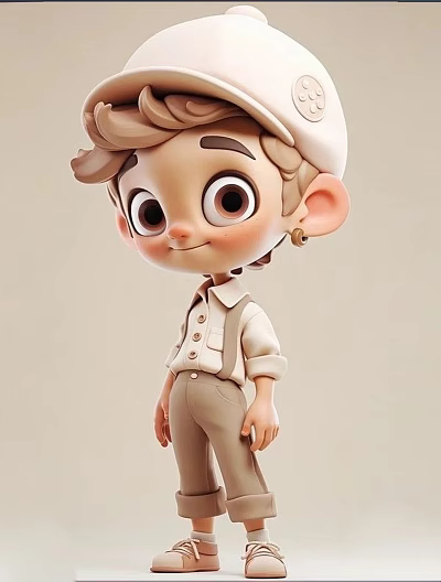 3D Cute Cartoon Boy Sculpture With Big Eyes Cap And Smiling Expression 3d model