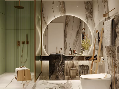 Luxurious Bathroom Interior With Marble Vanity Round Backlit Mirror Green Tiles And Gold Fixtures 3d model