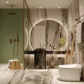 Luxurious Bathroom Interior With Marble Vanity Round Backlit Mirror Green Tiles And Gold Fixtures