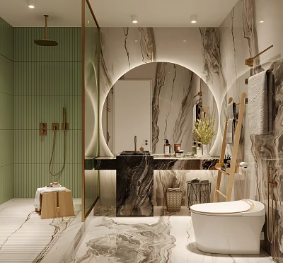 Luxurious Bathroom Interior With Marble Vanity Round Backlit Mirror Green Tiles And Gold Fixtures 3d model