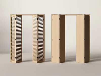 Two Wooden Folding Doors with Louvered Design Displayed on White Background 3d model
