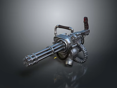 Silver Metallic Gatling Gun 3D Model With Multiple Barrels Gear Structure And Red Component 3d model