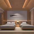 Hotel Guest Room With Japanese Style Twin Beds Wooden Ceiling Warm Lighting And Wall Painting