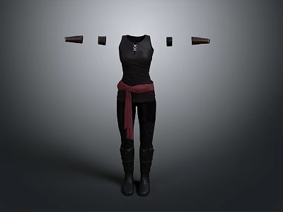 Game Movie Character Costume With Black Tank Top Red Belt And Daggers 3d model