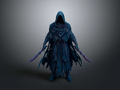 Mystic Blue Hooded Warrior Figure With Tattered Cloak Holding Two Purple Daggers 3d model