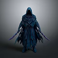 Mystic Blue Hooded Warrior Figure With Tattered Cloak Holding Two Purple Daggers