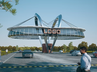 Modern Entrance Gate with Arch Structure Glass Panels Top LOGO Surrounded by Vehicles and Greenery 3d model