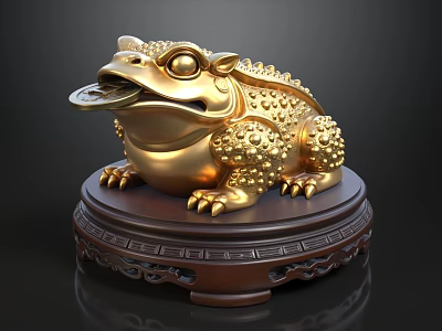 Golden Toad Decorative Figurine With Coin in Mouth and Carved Wooden Base 3d model