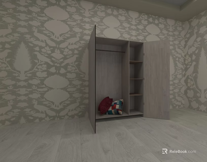 Modern Open Wardrobe Interior With Shelves Storage Items And Patterned Wallpaper Wooden Floor 3d model 