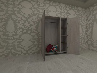 Modern Open Wardrobe Interior With Shelves Storage Items And Patterned Wallpaper Wooden Floor 3d model