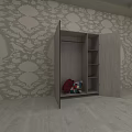 Modern Open Wardrobe Interior With Shelves Storage Items And Patterned Wallpaper Wooden Floor