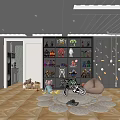 Cozy Playroom Interior With Display Shelves Collectibles Hanging Chair Round Rugs And Wooden Flooring