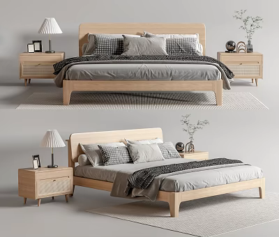 Modern Double Bed Interior With Wooden Frame Nightstands Lamps And Decorative Pillows 3d model