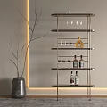 Modern Minimalist Metal Wine Rack with Wine Bottles Glasses Decorative Vase and Lighted Wall