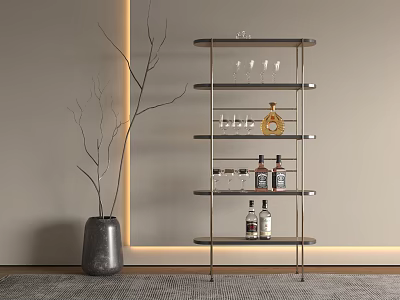 Modern Minimalist Metal Wine Rack with Wine Bottles Glasses Decorative Vase and Lighted Wall 3d model