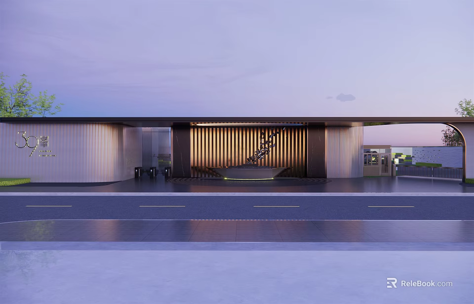 Modern Contemporary Entrance Gate With Vertical Wooden Slats And Metal Frame Design 3d model 