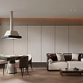 Modern Minimalist Mahjong Room Interior With Comfortable Sofa Coffee Table Dining Chairs And Pendant Light