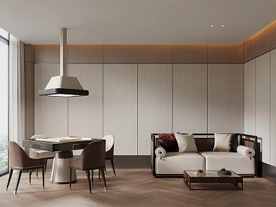 Modern Minimalist Mahjong Room Interior With Comfortable Sofa Coffee Table Dining Chairs And Pendant Light 3d model