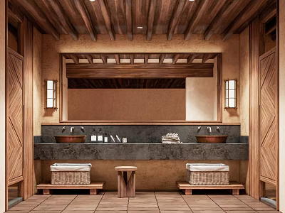 Traditional Public Restroom With Wooden Details And Stone Sinks 3d model