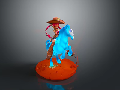 Cowgirl Character With Red Braids Riding Blue Horse On Orange Desert Base 3d model