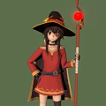 3D Mage Character With Red Outfit Black Hat And Staff Display Three Angles View